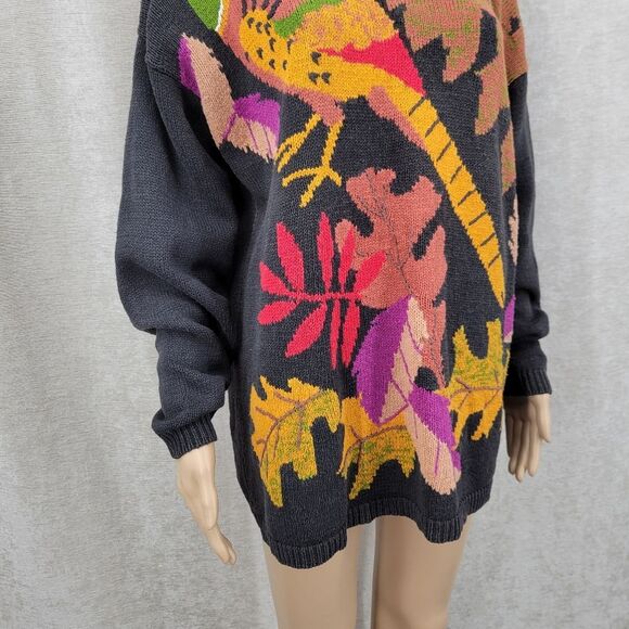 Vintage Pheasant Bird Fall Leaves Knit Sweater Black Crewneck - Picture 3 of 13